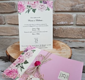 Invitatie de nunta delicata roz cu flori si snur - cod 5549 [0]