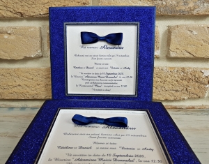 Invitatie de botez eleganta albastra cu sclipici si funda - cod 6240 [2]