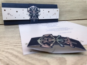 Invitatie de botez eleganta albastra cu model de ancora si inel de carton - cod 6217 [2]