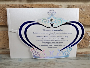 Nunta - Invitatie de botez eleganta alba cu model albastru - cod 6193