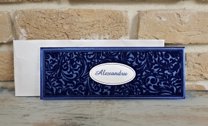 Nunta - Invitatie de botez de lux albastra cu model de catifea - cod 6209