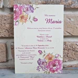 Invitatie de botez delicata crem / bej cu flori multicolore si funda - cod 5565 [1]