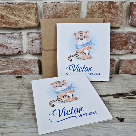 Nunta - Invitatie de botez clasica albastra cu tigru - cod 605