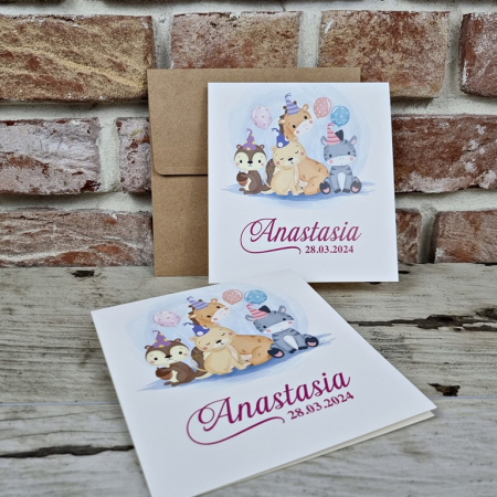 Nunta - Invitatie de botez clasica multicolora cu animalute - cod 604