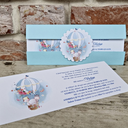 Nunta - Invitatie de botez eleganta albastra cu animalute - cod 607