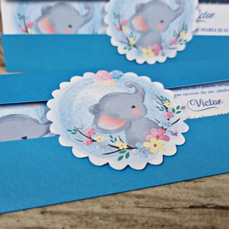 Invitatie de botez eleganta albastra cu elefant - cod 612 [3]