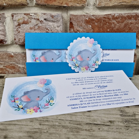 Nunta - Invitatie de botez eleganta albastra cu elefant - cod 612