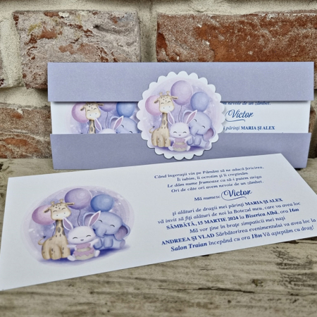 Nunta - Invitatie de botez eleganta mov cu animalute - cod 611