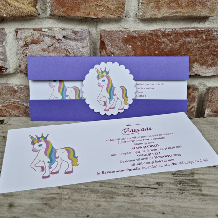 Nunta - Invitatie de botez eleganta mov cu unicorn - cod 608