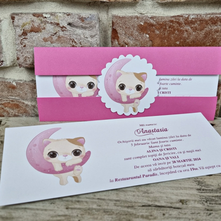 Nunta - Invitatie de botez eleganta roz cu pisica - cod 609