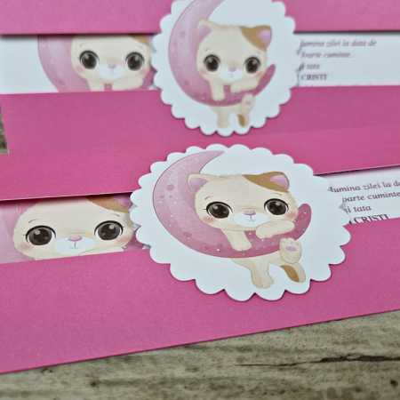 Invitatie de botez eleganta roz cu pisica - cod 609 [3]