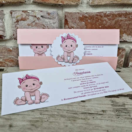 Nunta - Invitatie de botez eleganta roz pudrat cu bebelus - cod 613
