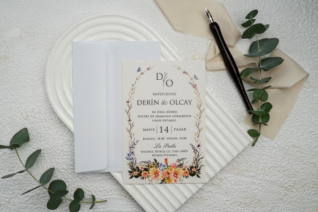 Nunta - Invitatie de nunta alba cu flori multicolore - cod 9342