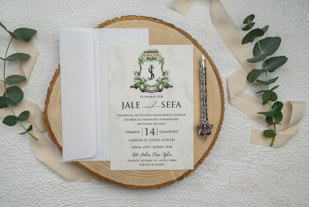 Nunta - Invitatie de nunta alba cu model de marmura - cod 9343