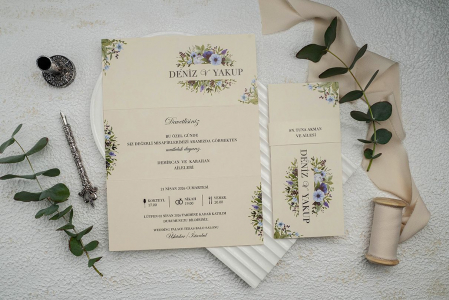 Invitatie de nunta crem / bej cu flori mov - cod 9314 [1]
