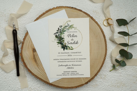 Nunta - Invitatie de nunta crem cu frunze - cod 9337