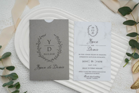 Nunta - Invitatie de nunta eleganta alba cu gri - cod 9297