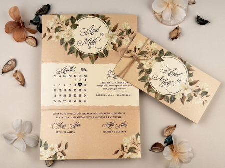 Nunta - Invitatie de nunta vintage crem cu model de flori albe - cod 85864