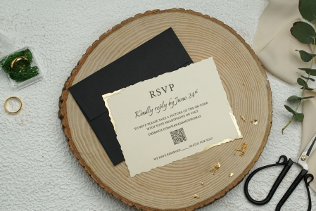 Invitatii Nunta Ekonom 2023 - Invitatie de nunta eleganta crem / bej cu auriu si plic negru - cod 9321