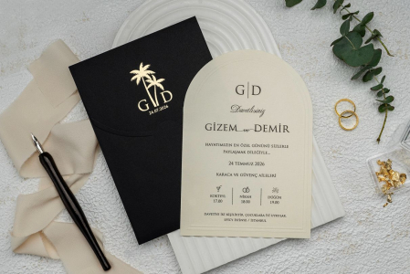 Nunta - Invitatie de nunta eleganta crem / bej cu plic negru - cod 9309