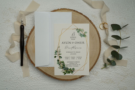 Nunta - Invitatie de nunta eleganta crem frunze - cod 9346