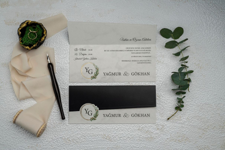 Nunta - Invitatie de nunta eleganta cu model de marmura alb si negru - cod 9335