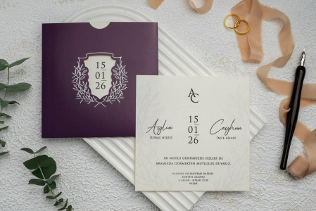 Nunta - Invitatie de nunta eleganta gri cu plic mov- cod 9284
