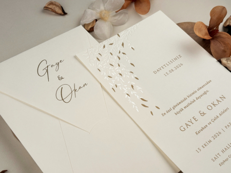 Nunta - Invitatie de nunta eleganta ivory cu frunze - cod 13315