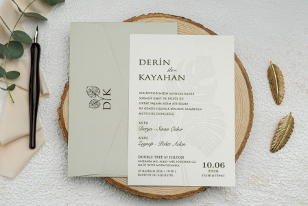 Nunta - Invitatie de nunta eleganta oliv cu frunze - cod 9269