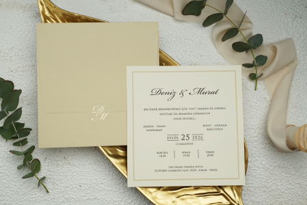 Nunta - Invitatie de nunta eleganta patrata cu plic crem - cod 9251