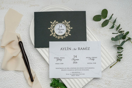 Invitatii Nunta Ekonom 2023 - Invitatie de nunta eleganta verde cu auriu - cod 9303