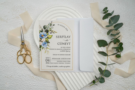 Nunta - Invitatie de nunta florala alba cu albastru - cod 9339