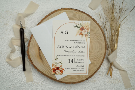 Nunta - Invitatie de nunta florala alba cu portocaliu - cod 9338