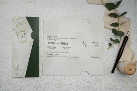 Invitatii Nunta Ekonom 2023 - Invitatie de nunta florala verde cu model de marmura - cod 9332