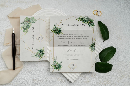 Nunta - Invitatie de nunta florala verde cu model de marmura - cod 9348