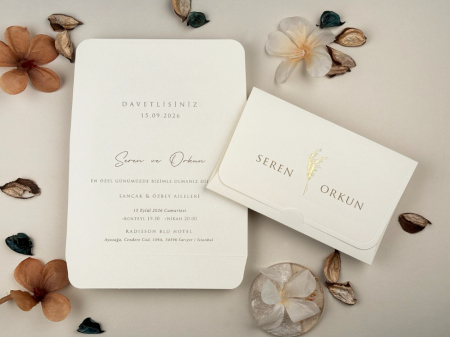 Nunta - Invitatie de nunta ivory cu auriu cu model de grau - cod 13322