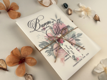 Nunta - Invitatie de nunta ivory cu model floral si tiparire pe calc - cod 85842