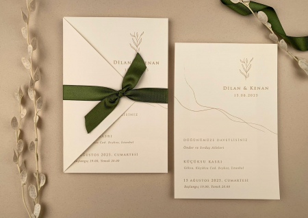 Nunta - Invitatie de nunta moderda cu fundita verde - cod 12283