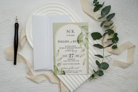 Nunta - Invitatie de nunta verde cu frunze - cod 9344