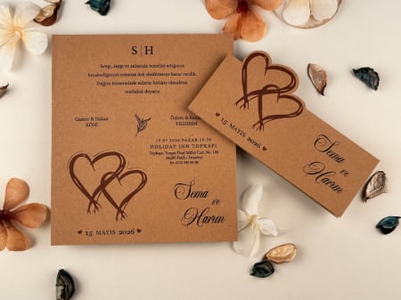 Nunta - Invitatie de nunta vintage maro inimioare - cod 74772