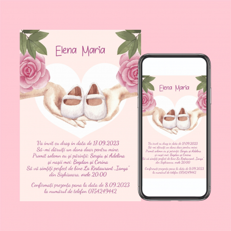 Nunta - Invitatie digitala de botez cu papucei pentru fetite cod 0046