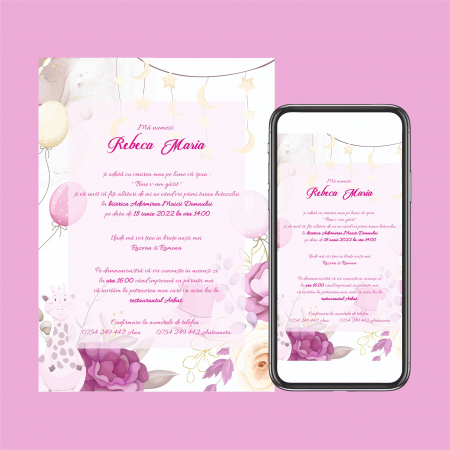 Nunta - Invitatie digitala de Botez pentru fetite roz cod 0018