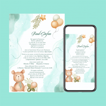 Nunta - Invitatie digitala de Botez pentru baietei cu ursulet cod 0020