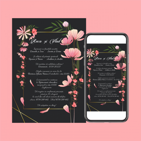 Nunta - Invitatie digitala moderna neagra cu motive florale cod 0015