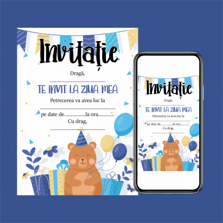 Nunta - Invitatie digitala pentru aniversare albastra cu ursulet cod 0064