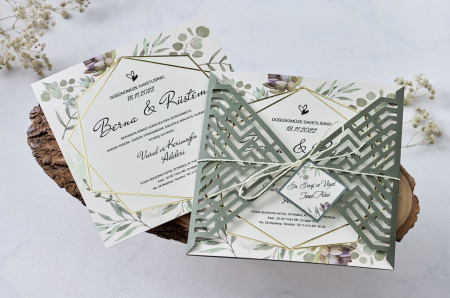 Invitatie de nunta verde cu frunze si snur - cod 1138 [1]