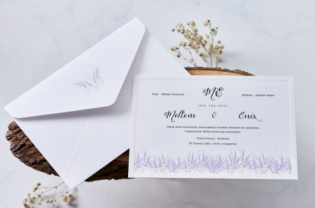 Nunta - Invitatie de nunta delicata alba cu model de lavanda - cod 1141