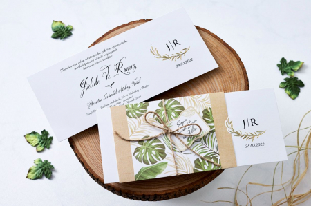Nunta - Invitatie de nunta crem / bej cu frunze si snur - cod 1157