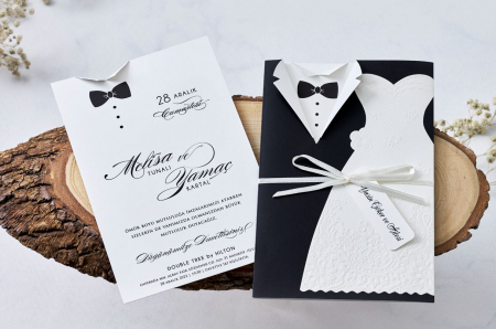 Nunta - Invitatie de nunta eleganta de tip mire si mireasa cu funda - cod 1158