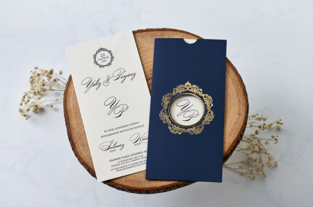 Nunta - Invitatie de nunta vintage albastra cu decupaj auriu - cod 1168